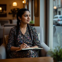Attractive young woman relaxing in cafe contemplating and journaling by the window