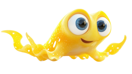 Yellow Cuttlefish Cartoon with Bulging Eyes on White Background – Fun Marine Animal Illustration for Kids, Ocean, and Wildlife Designs