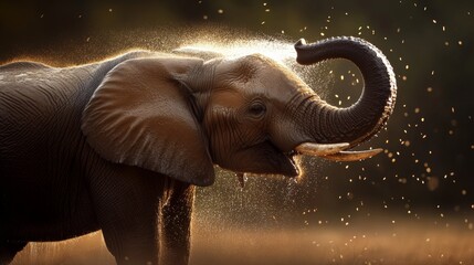 An elephant sprays water on itself. The heat glimmers behind it