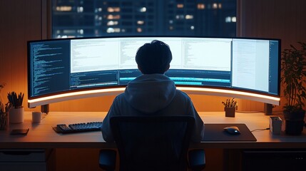 Nighttime coder at multiple monitors