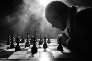 Intense Chess Match in Black and White with Dramatic Lighting Effects