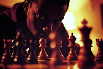 Intense Chess Match in Warm Lighting with Focused Player