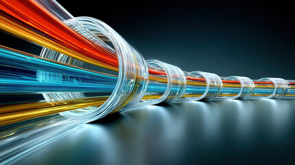 Abstract visualization of high-speed data transfer through a glowing, multi-colored fiber optic tunnel, symbolizing technology and digital connectivity