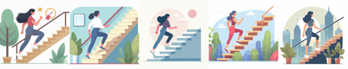 vector character woman climbing stairs
