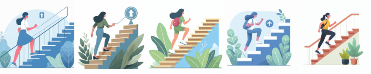 vector character woman climbing stairs