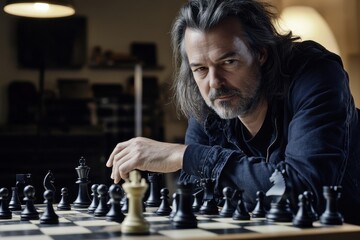 Intense Chess Player Strategizing in a Cozy Indoor Setting