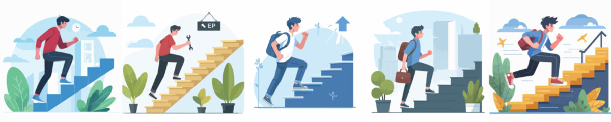 young man character vector climbing stairs