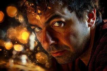 Intense Close-Up Portrait of a Man with Sparkling Bokeh Background