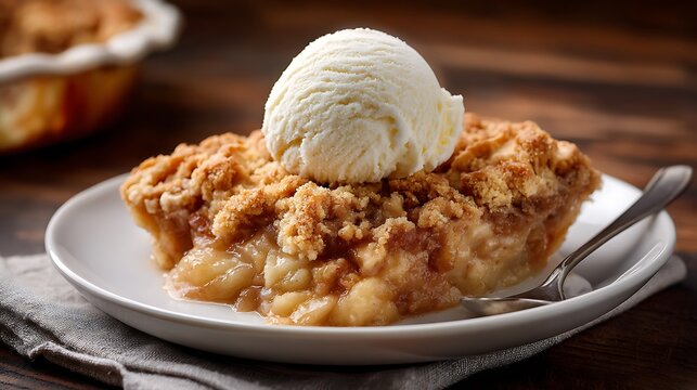Apple Pie Slice Topped with Vanilla Ice Cream on a White Plate - Powered by Adobe