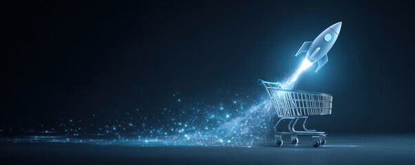 Futuristic Shopping Cart with Rocket Launching Into Space Illustrating Innovative E-commerce and Modern Retail Technology