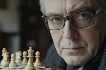 Intense Focus of Elderly Man Playing Chess in a Cozy Indoor Setting