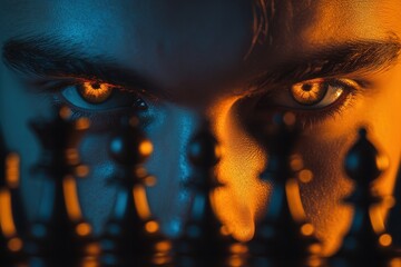 Intense Focus of Player with Chess Pieces in Dramatic Lighting
