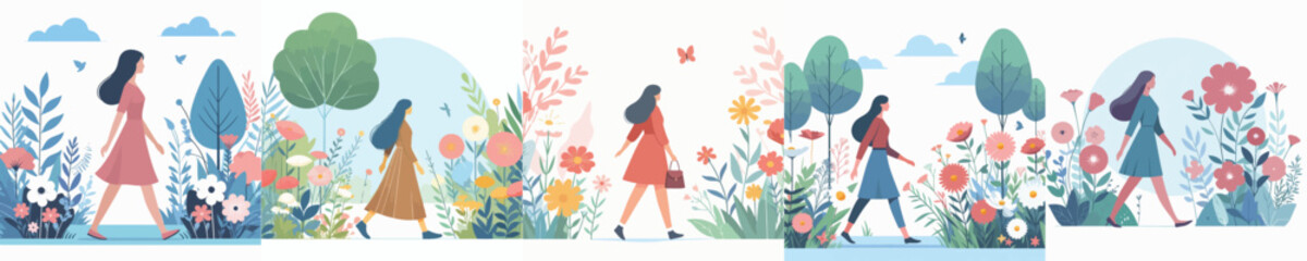 vector character woman walking in flower garden