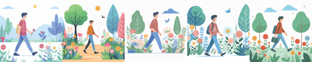 young man character vector walking in flower garden