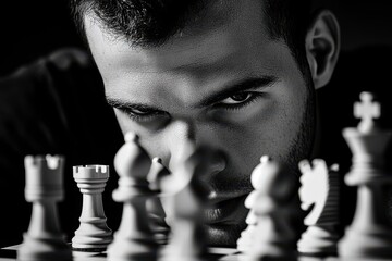 Intense Player Focused on Chess Game Strategy in Black and White