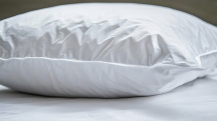 Fluffy white pillow on bed, close-up, bedroom, restful background, bedding product
