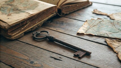 Ancient Rusty Key Lying on Weathered Wooden Table Next to Tattered Old Book and Faded Map Pieces
