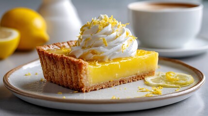 Slice of Lemon Tart with Whipped Cream and Zest, Served with a Cup of Coffee