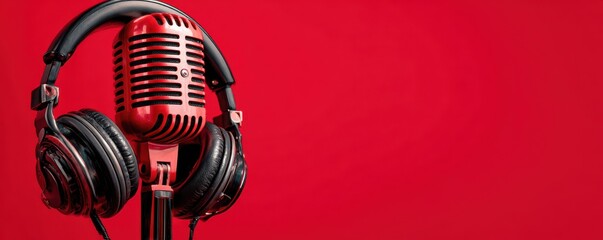 Vintage red microphone with black headphones on a bright red background, perfect for music, podcasting, and audio content creation