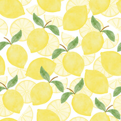 Watercolor lemons with slices seamless pattern. Summer sunny juicy hand drawn print for textile or wall art design or background.