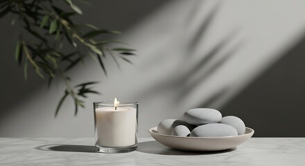 Burning candle with zen stones for relaxation and wellness