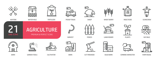 Set of line icons related to barn, farm house, harvest, fertilizer. Outline icons collection. Editable stroke. Vector illustration.