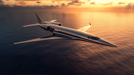 Private jet flying above ocean at sunset, luxurious travel concept. High-angle view of a silver airplane soaring over calm water during golden hour. : Generative AI