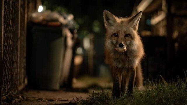 Wild Fox Foraging in Human Trash in Urban Area
