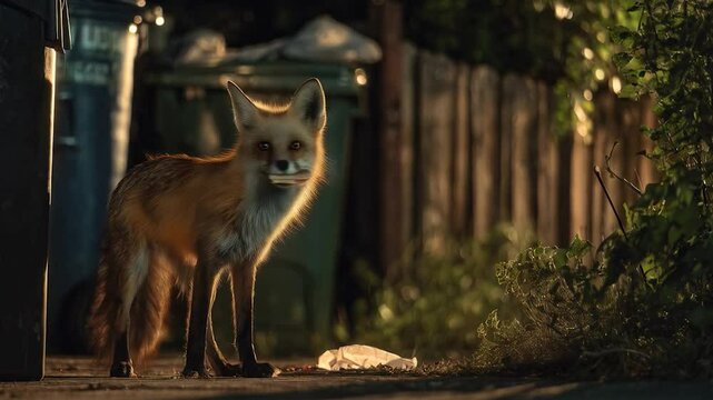 Wild Fox Foraging in Human Trash in Urban Area