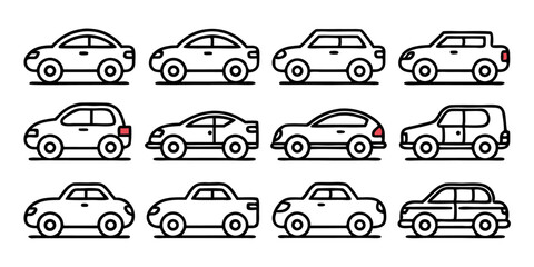 Collection of twelve car line icons design featuring black yellow cyan and magenta color palette