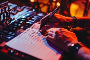 Musician Writing Notes on Sheet While Playing Keyboard Instrument