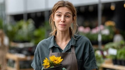 Female Gardener Holding and Talking About a Mini Sunflower