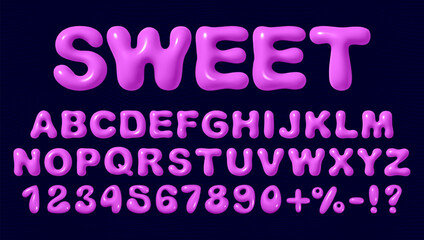 Glossy 3d inflated bubble font, english letter and balloon alphabet in y2k style. Plastic paper text and number for school kids. Shiny metal cartoon font for birthday party invitation or coloring book