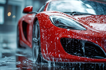 Close-up of a red sports car covered in soap suds during a car wash, highlighting its sleek design and the meticulous process of auto detailing for cleanliness.