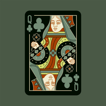 Queen of Clubs, playing poker card in black design. Isolated vector illustration. Editable stroke lines.