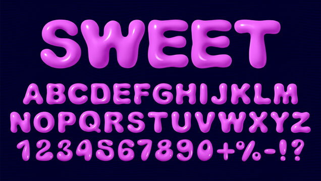 Glossy 3d inflated bubble font, english letter and balloon alphabet in y2k style. Plastic paper text and number for school kids. Shiny metal cartoon font for birthday party invitation or coloring book