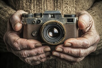 Old Vintage Camera Held by Weathered Hands with Detailed Texture