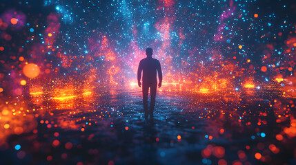 digital human figures made of particles and light trails, abstract technology background with glowing data visualization, virtual identity and network connection concept in neon gradient style