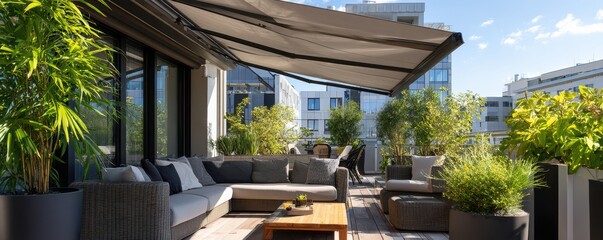 Modern urban terrace garden with cozy furniture and lush greenery creating a tranquil outdoor living space