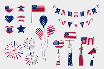 Collection of festive elements for American Independence Day. Includes US flags, balloons, garlands, stars, and hearts, along with diverse hands of different nationalities holding American flags.