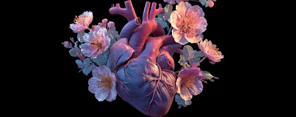 Anatomically Correct Heart Surrounded by Delicate Floral Arrangement in Vibrant Colors