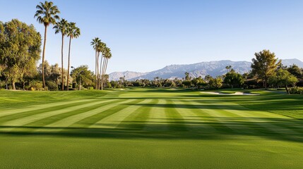 Obraz premium Serene Golf Course Landscape with Lush Green Fairway and Palm Trees Under Clear Blue Sky