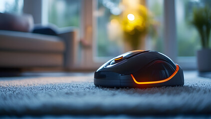 Deep carpet cleaning: close-up of modern vacuum on light rug, home hygiene routine. Allergy control, spring cleaning satisfaction, smart home tech for floors.