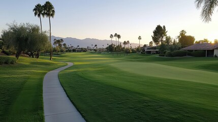 Serene Sunset Over a Lush Golf Course Surrounded by Palm Trees and Mountains in a Tranquil Setting