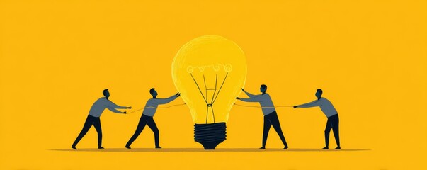 Teamwork and Collaboration in Business Concept with People Holding a Light Bulb on Yellow Background