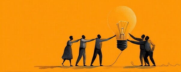Collaboration and Creativity in Teamwork with Light Bulb Symbolizing Innovative Ideas Against Vibrant Orange Background