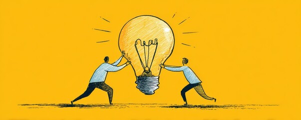 Two People Collaborating to Hold a Large Light Bulb Symbolizing Ideas and Innovation Against a Bright Yellow Background