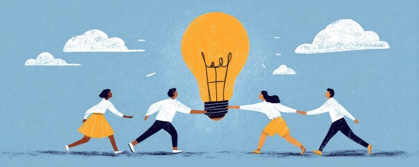 Group of Diverse People Collaborating to Lift a Bright Idea Light Bulb Against a Sky Background