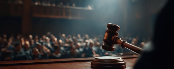 Gavel on Wooden Bench in Courtroom with Audience Watching During Legal Proceedings and Judicial Process