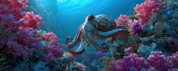 Colorful Coral Reef with a Magnificent Octopus Swimming Gracefully Underwater in a Vibrant Marine Ecosystem